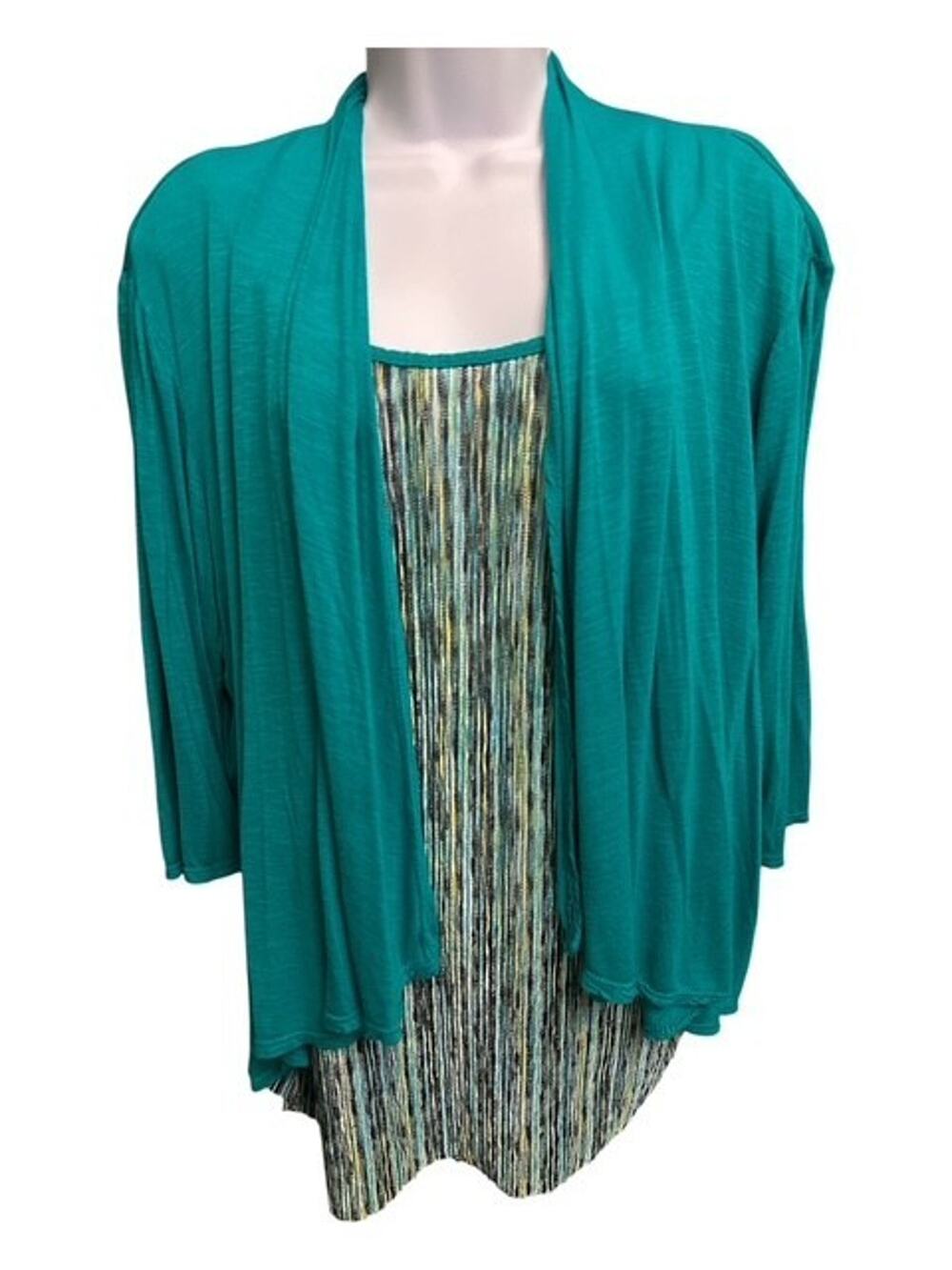 Notations Woman 2X Top Teal Green Rayon Layer Look Striped Knit Interior Stretch